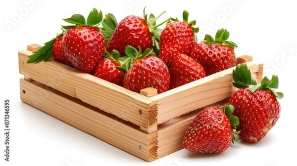 Fototapeta Fresh ripe strawberries in a wooden crate, isolated on a white background. Perfect for summer and organic food concepts.
