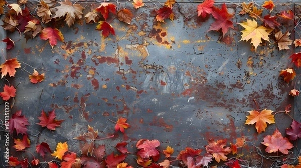 Fototapeta Fall backdrop Border of red orange and yellow leaves on vintage metal surface with wooden backdrop