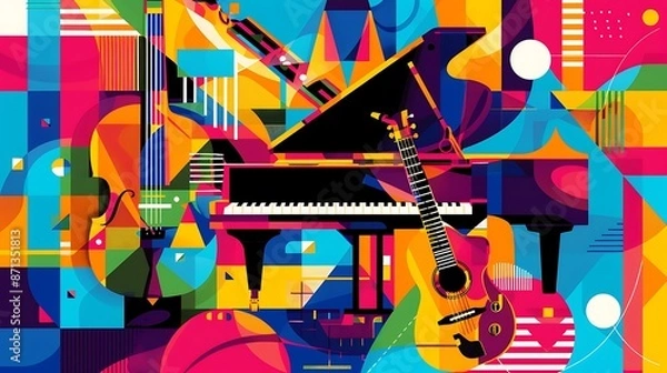 Obraz a graphic concert poster featuring a piano, saxophone, and guitar on a vibrant geometric design