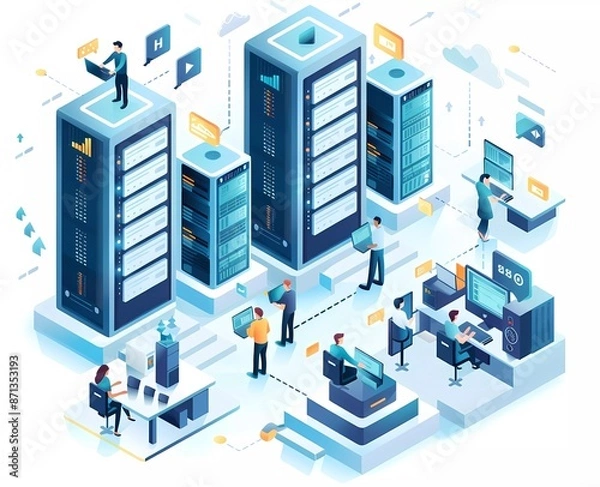 Fototapeta isometric flat illustration of digital transformation, people working on virtual desktops and a data center with server towers in the background,