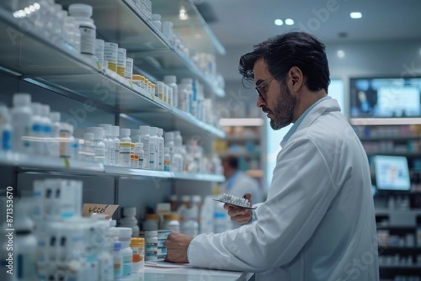 Fototapeta Pharmacist checking medication bottles on a shelf at a pharmacy, ensuring accurate dispensing and healthcare service.