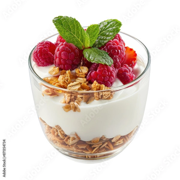 Fototapeta A glass cup filled with layered yogurt parfait, topped with crunchy granola, fresh raspberries, and mint leaves.