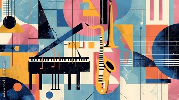 Obraz an artistic orchestra graphic with a piano, saxophone, and guitar on a geometric background