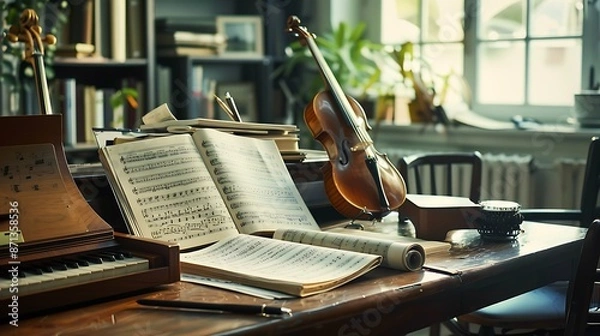 Fototapeta A music classroom table with sheet music, metronome, and musical instruments