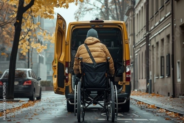 Fototapeta A person in a wheelchair boarding a yellow van on an autumn street. Accessibility in urban transportation.