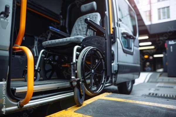 Fototapeta A wheelchair on a ramp of an accessible van, highlighting mobility solutions for disabled individuals.