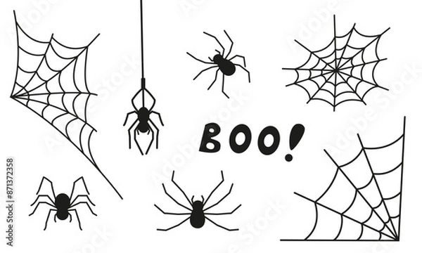 Fototapeta Vector set of design elements for Halloween. Image of different webs and spiders in doodle style. Set of icons with insects.