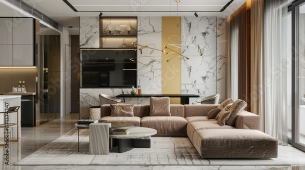 Fototapeta A luxurious modern living room features stylish furniture, marble walls, and warm natural light creating an inviting and sophisticated space.