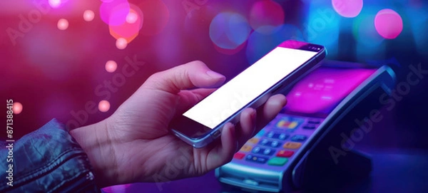 Fototapeta Person using NFC technology to make a payment with their phone, electronic banking, contactless payments