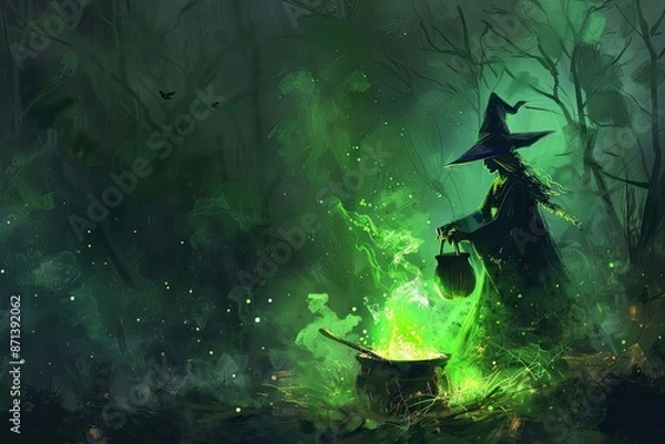 Fototapeta A mysterious witch in the forest brews a glowing green potion in a cauldron, surrounded by a dark, magical atmosphere.