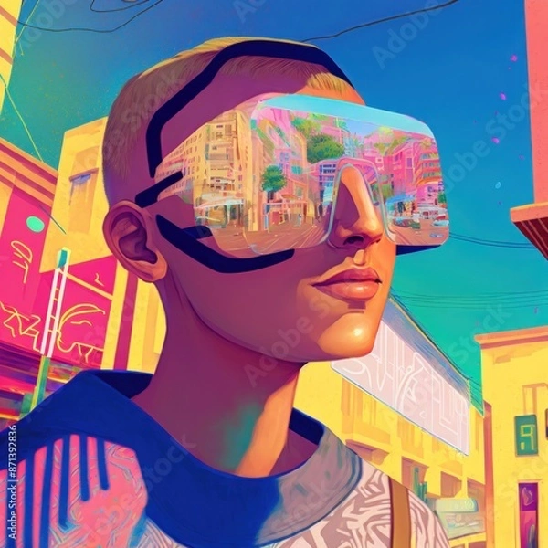 Fototapeta abstract illustrated portrait of a young persone with a vr headset on in a city