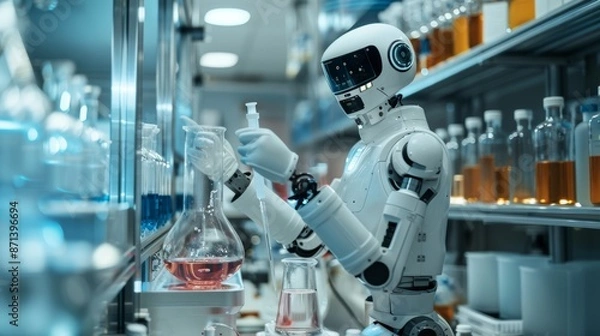 Fototapeta High-tech robotic apparatus in a laboratory setting, performing complex chemical experiments, precise and detailed, futuristic technology