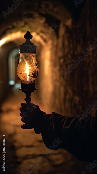 Fototapeta 
ChatGPT
Hand Holding Oil Lamp, Guiding Through Dark Ancient Corridor, Focus on Flame and Silhouette