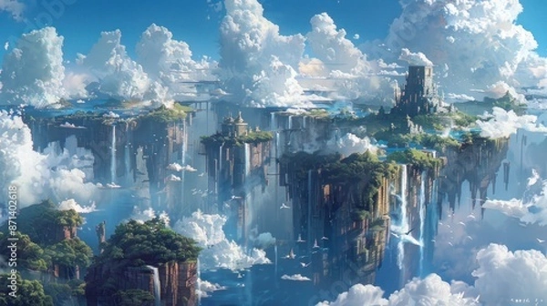 Fototapeta Floating islands with lush greenery and cascading waterfalls, bathed in golden sunlight.