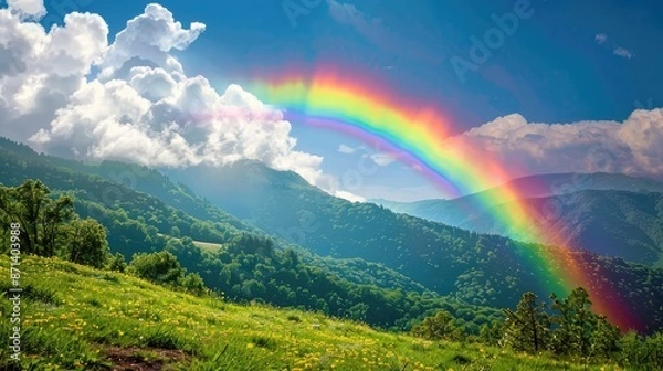 Fototapeta Bright rainbow over springtime countryside