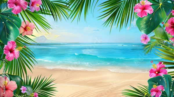 Fototapeta Tropical Oasis Party Backdrop with Palm Leaves, Hibiscus Flowers, and Beach Setting for Summer Celebrations and Birthdays