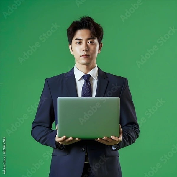Obraz Young Asian Businessman in Suit Holds Laptop in Modern Office Setting