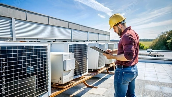 Obraz HVAC Technician Inspecting Air Conditioning Units on Rooftop.