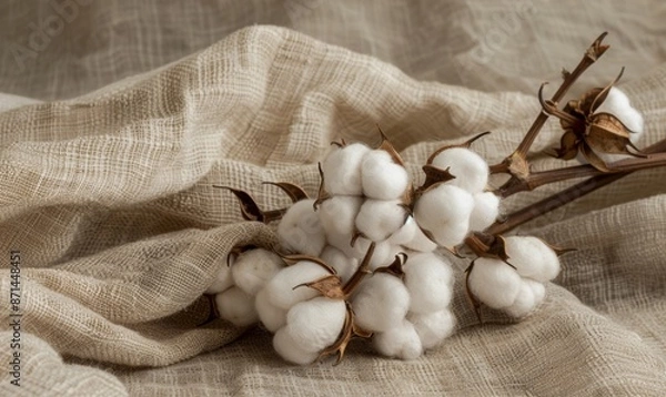 Fototapeta A close-up of cotton balls clinging to a branch against a soft fabric backdrop. This image focuses on natural organic cotton, demonstrating cotton's role in sustainable textile production.