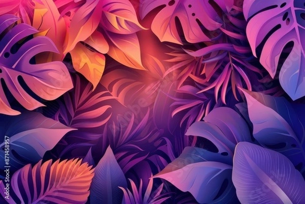 Fototapeta Neon tropical leaves background,  vivid abstract illustration of jungle foliage with glowing vibrant color gradient, graphic design template