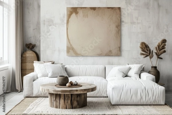 Fototapeta Interior of modern living room with white sofa, wooden coffee table and mock up poster.