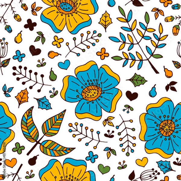 Fototapeta Vector floral colorful seamless pattern with hand drawn doodle elements.