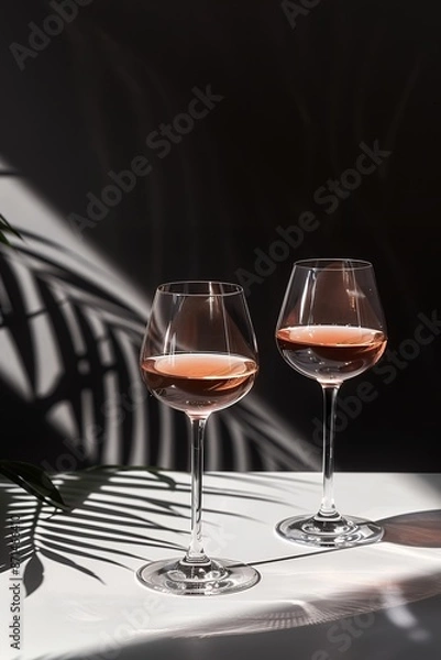Fototapeta pink rosé wine in two glasses on white table, black background, hard shadows, sun rays and shadow of palm leaves, minimalistic composition, editorial photography,