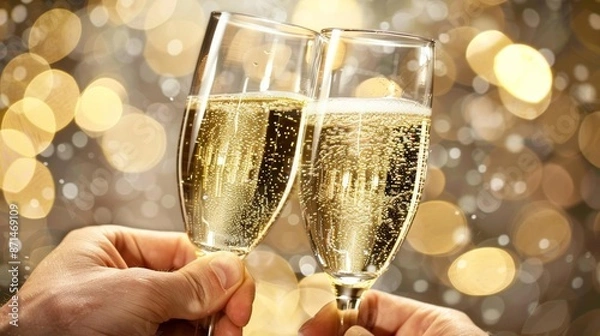 Fototapeta Two hands raising champagne glasses in a celebratory toast with bokeh lights in the background, symbolizing celebration and joy.