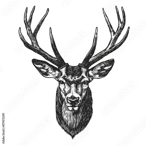 Fototapeta An intricately detailed sketch of a stag deer with prominent antlers, surrounded by foliage
