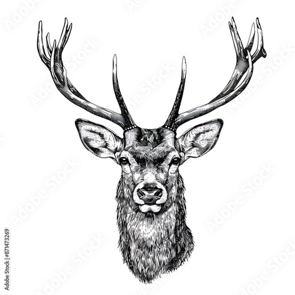 Fototapeta An intricately detailed sketch of a stag deer with prominent antlers, surrounded by foliage