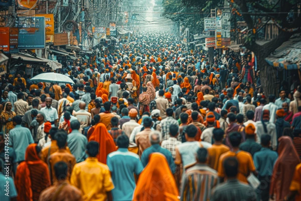 Obraz A large crowd of people are walking down a street
