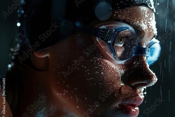 Fototapeta Studio portrait of a world-class swimmer, water droplets highlighting their defined facial features.
