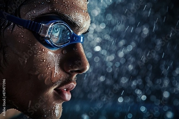 Fototapeta Minimalist studio portrait of a world-class swimmer, with water droplets glistening on chiseled features under soft lighting.
