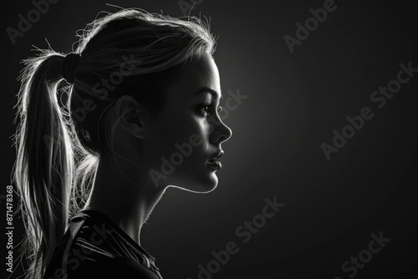 Fototapeta A portrait of a young woman filmed in a studio, with a backlit profile image