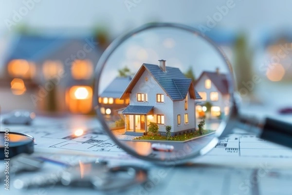 Fototapeta Magnifying Glass with Model House in Focus