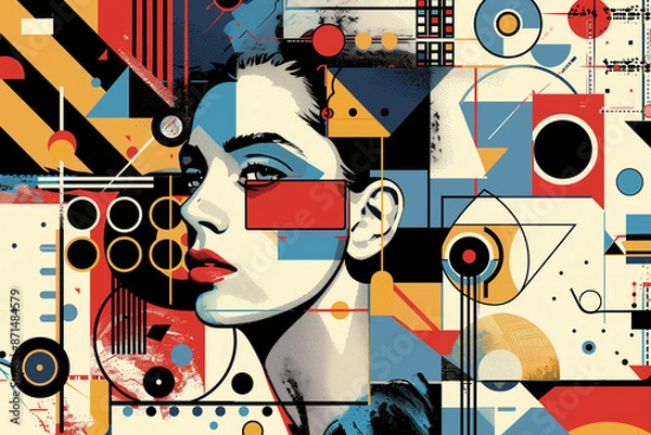 Fototapeta A retro-futuristic vector illustration of an abstract female portrait in the style of Kandinsky and in the style of Bauhaus
