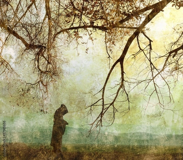 Obraz Monk figure praying in the forest