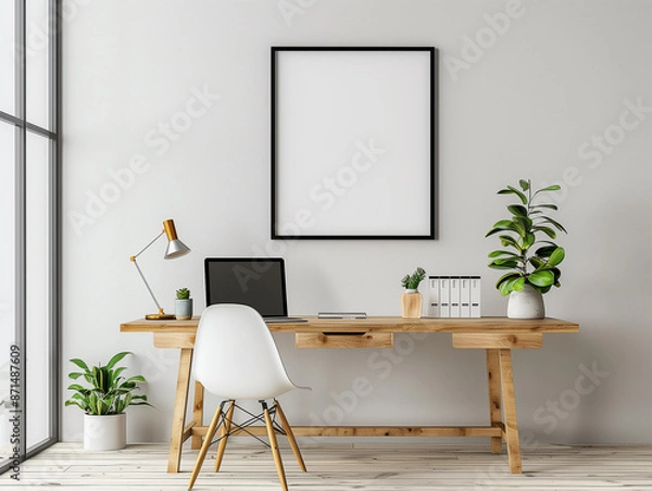 Fototapeta Minimalistischer Raum mit Wand und Poster für Werbung. Tisch mit Stuhl im Vordergrund