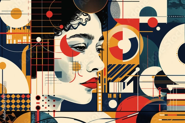 Fototapeta A retro-futuristic vector illustration of an abstract female portrait in the style of Kandinsky and in the style of Bauhaus,