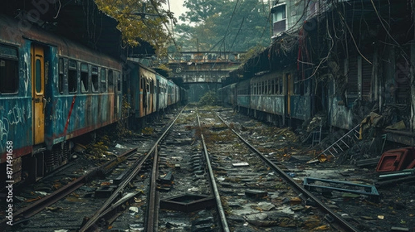 Fototapeta Post apocalyptic background image of desert city wasteland with abandoned and destroyed buildings, cracked road and sign