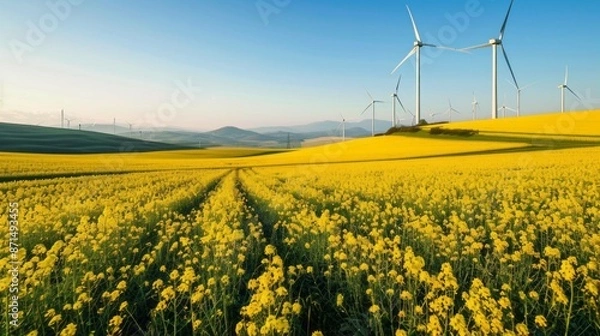 Fototapeta A vast field of yellow rapeseed flowers stretches out under a clear blue sky, punctuated by the graceful blades of wind turbines in the distance