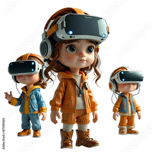 Obraz Tech Exploration Adorable 3D Characters Using VR Headsets to Explore Virtual Environments with Emerging Technology Devices