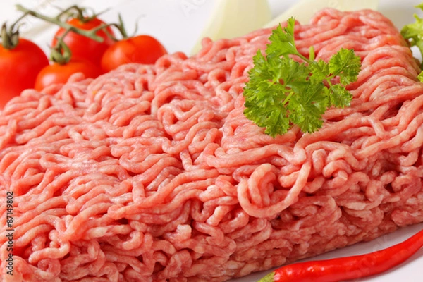 Fototapeta Raw ground pork and vegetables