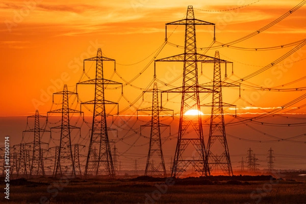 Fototapeta Sun setting behind the electric power lines running from Dungeness power station on the Kent coast south east England UK