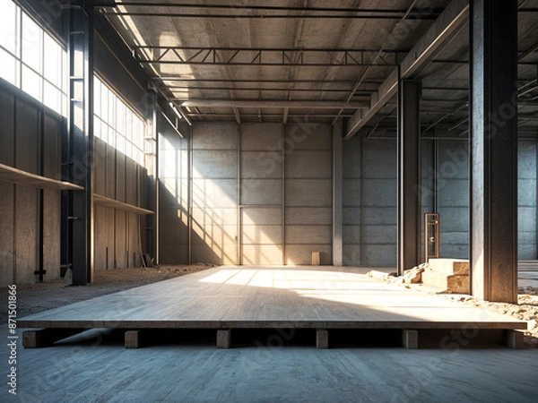 Fototapeta An bright daylight image of podium in empty indoor space under construction surrounded by steel,
debris and concrete structures.	