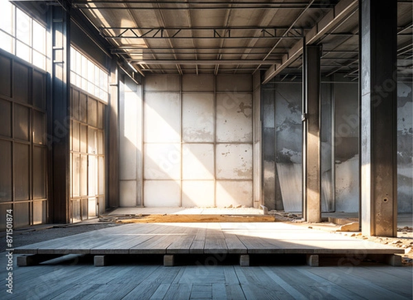Fototapeta An bright daylight image of podium in empty indoor space under construction surrounded by steel,
debris, concrete and structures.	