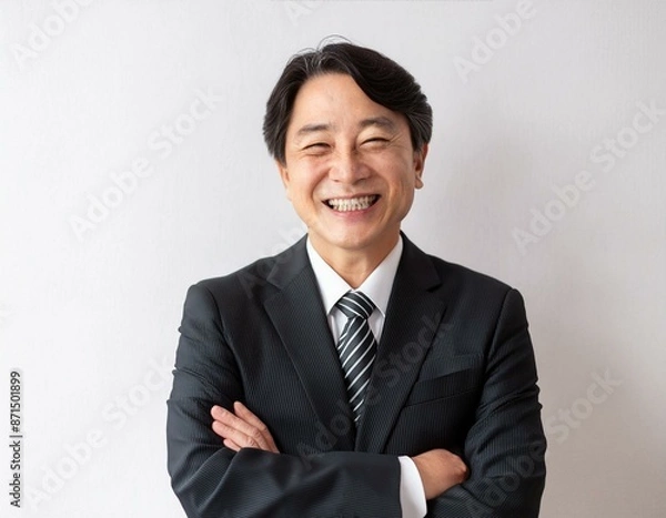 Obraz 黒いスーツ姿で笑顔で腕組みをする50代の男性コンサルタント 経営者