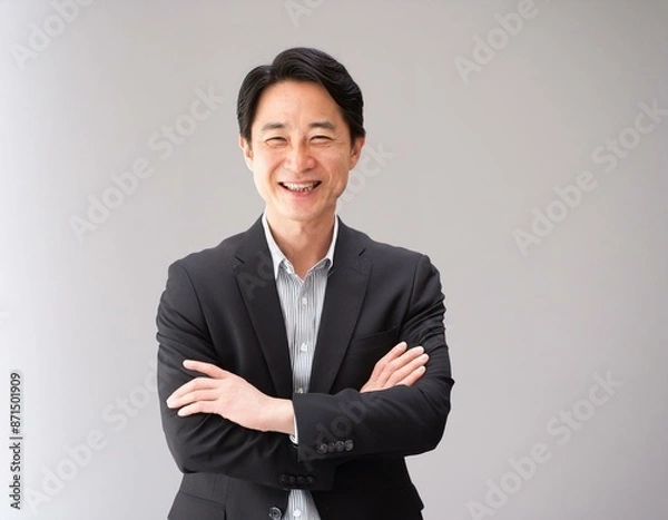 Obraz 黒いスーツ姿で笑顔で腕組みをする50代の男性コンサルタント 経営者