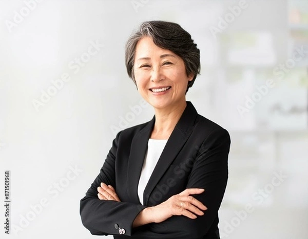 Obraz 黒いスーツ姿で笑顔で腕組みをする50代の女性実業家