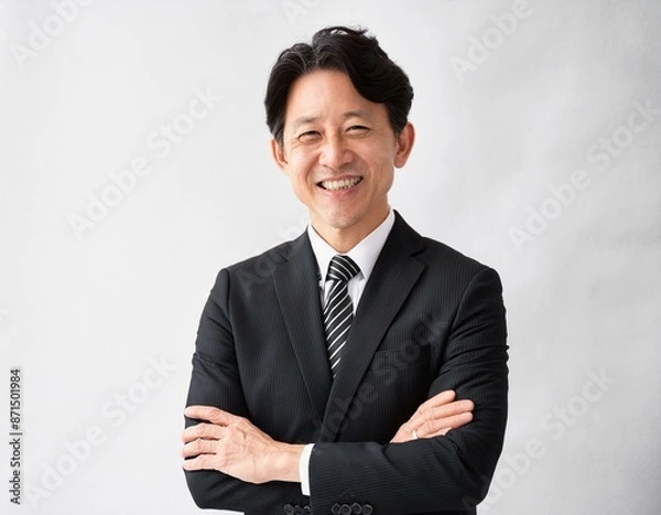 Obraz 黒いスーツ姿で笑顔で腕組みをする40代の男性経営者